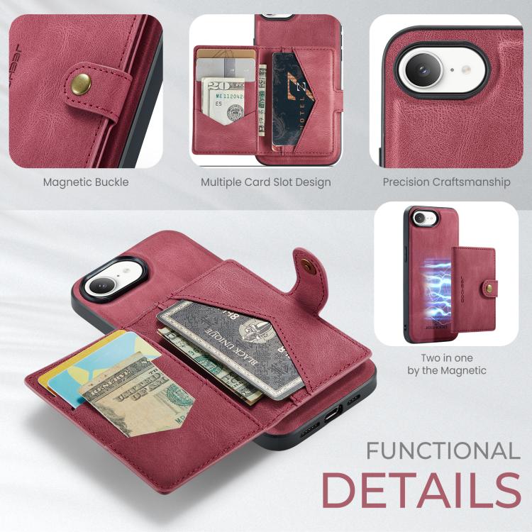 For iPhone 17e / 16e JEEHOOD J01 Retro Magnetic Detachable Wallet Phone Case(Red)