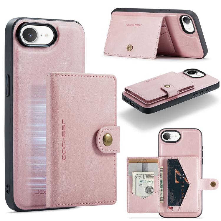 For iPhone 17e / 16e JEEHOOD J01 Retro Magnetic Detachable Wallet Phone Case(Pink)