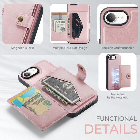 For iPhone 17e / 16e JEEHOOD J01 Retro Magnetic Detachable Wallet Phone Case(Pink)