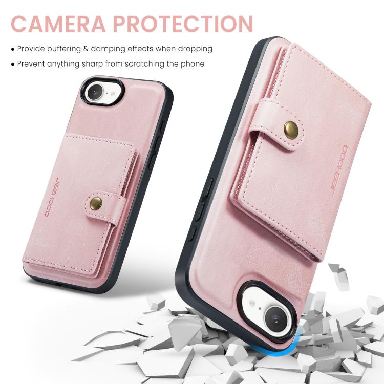 For iPhone 17e / 16e JEEHOOD J01 Retro Magnetic Detachable Wallet Phone Case(Pink)