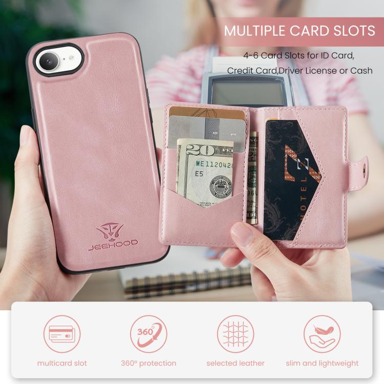 For iPhone 17e / 16e JEEHOOD J01 Retro Magnetic Detachable Wallet Phone Case(Pink)