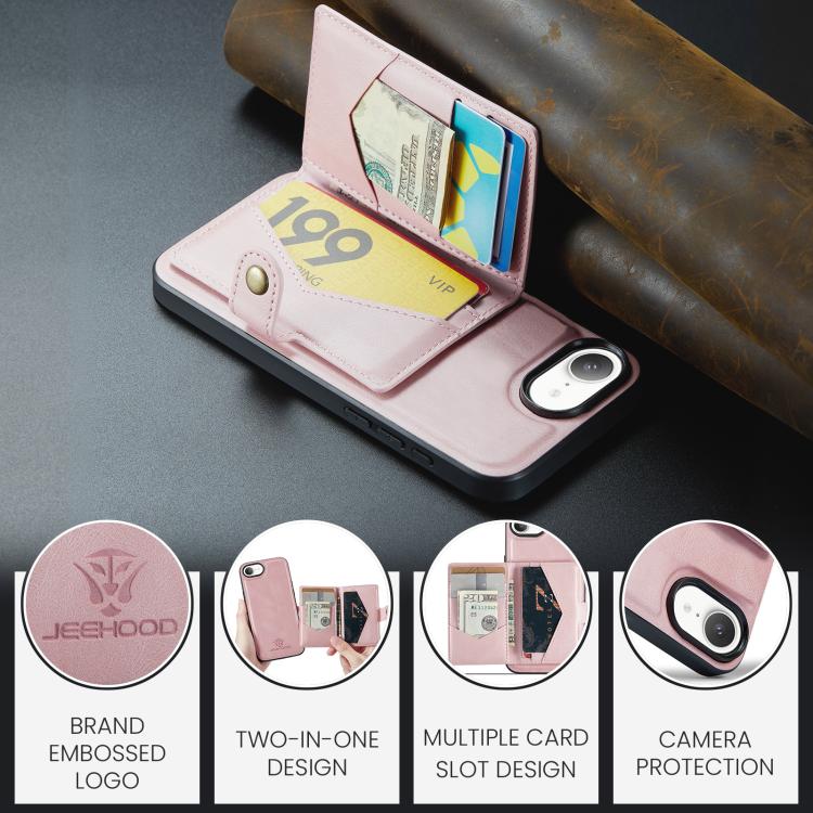 For iPhone 17e / 16e JEEHOOD J01 Retro Magnetic Detachable Wallet Phone Case(Pink)