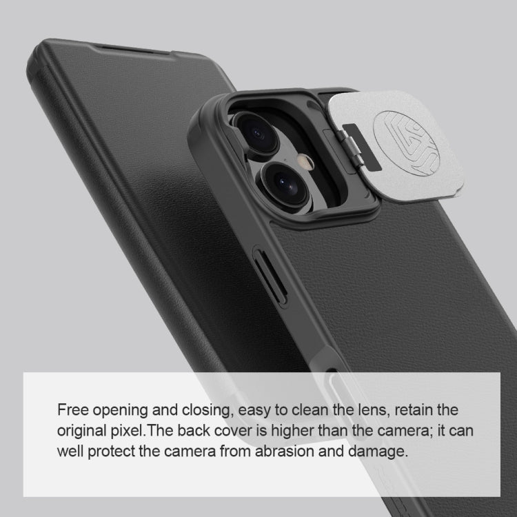 For iPhone 16 NILLKIN Qin Prop Series Flip Camera Cover Design Leather Phone Case(Brown)