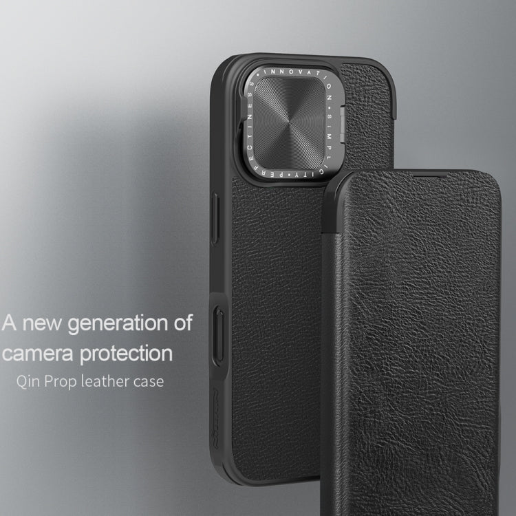 For iPhone 16 NILLKIN Qin Prop Series Flip Camera Cover Design Leather Phone Case(Brown)