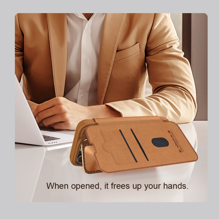 For iPhone 16 NILLKIN Qin Prop Series Flip Camera Cover Design Leather Phone Case(Brown)
