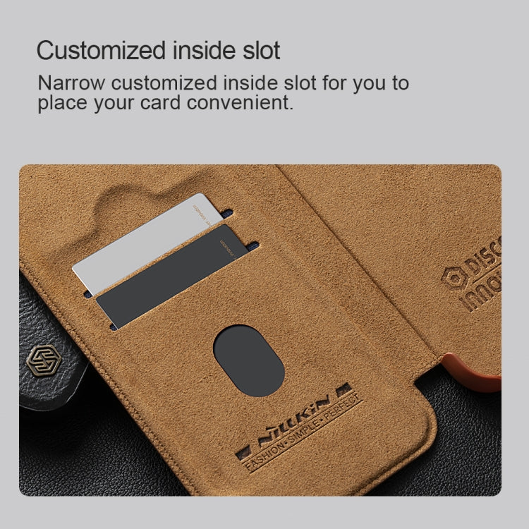 For iPhone 16 NILLKIN Qin Prop Series Flip Camera Cover Design Leather Phone Case(Brown)