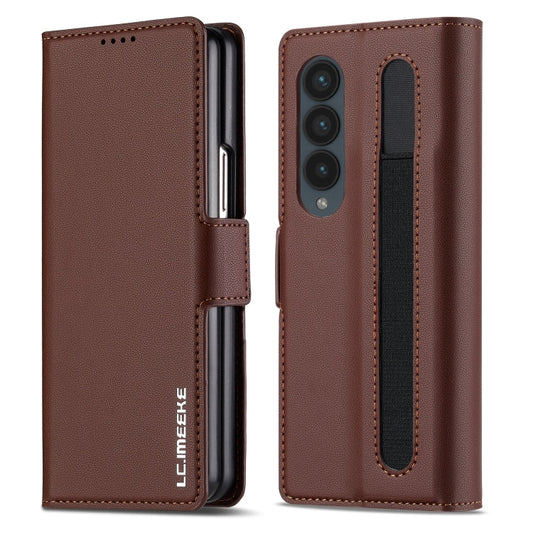 For Samsung Galaxy Z Fold4 LC.IMEEKE L1 Series Frosted Fine Texture PU Phone Case with Pen Slot, Pen Not Included(Brown)