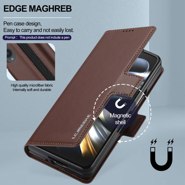 For Samsung Galaxy Z Fold4 LC.IMEEKE L1 Series Frosted Fine Texture PU Phone Case with Pen Slot, Pen Not Included(Brown)