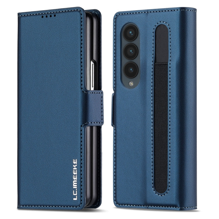 Pour Samsung Galaxy Z Fold4 LC.IMEEKE Série L1 Étui de téléphone en PU à texture fine givrée avec fente pour stylo, stylo non inclus (bleu)