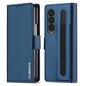 Pour Samsung Galaxy Z Fold4 LC.IMEEKE Série L1 Étui de téléphone en PU à texture fine givrée avec fente pour stylo, stylo non inclus (bleu)