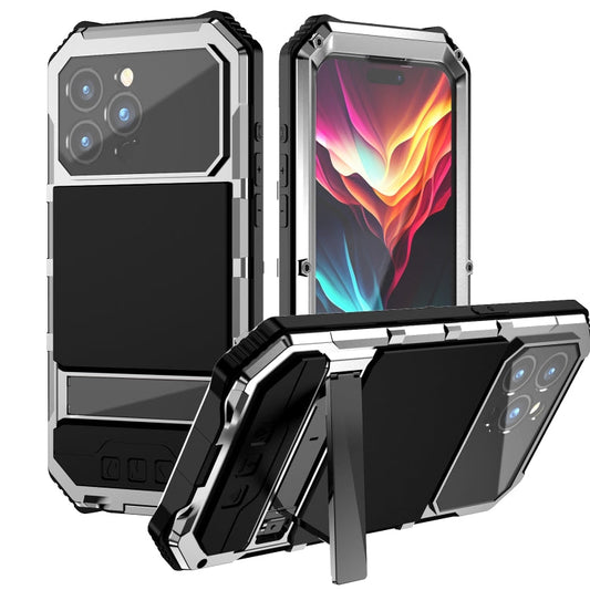 For iPhone 15 Pro Max R-JUST Life Waterproof Dustproof Shockproof Holder Phone Case(Silver)