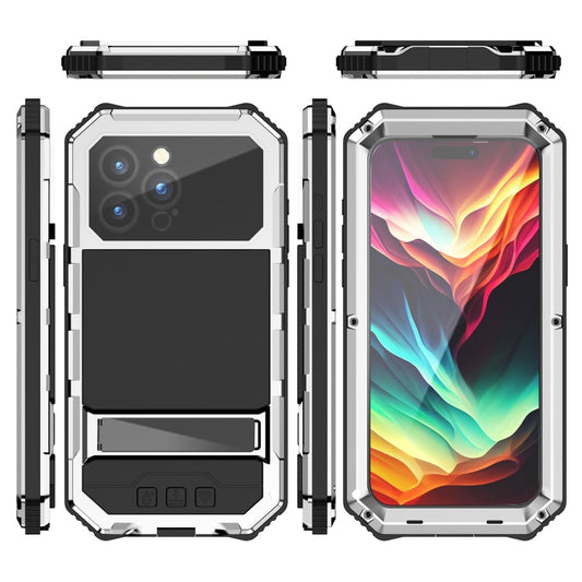 For iPhone 15 Pro Max R-JUST Life Waterproof Dustproof Shockproof Holder Phone Case(Silver)
