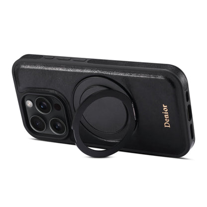 For iPhone 16 Pro Max Denior A17 Genuine Leather Gear Magnetic Holder Phone Case(Black)