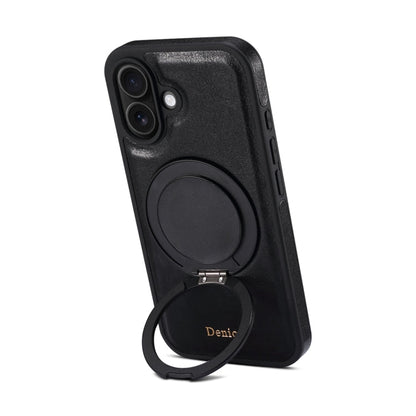 For iPhone 16 Plus Denior A17 Genuine Leather Gear Magnetic Holder Phone Case(Black)