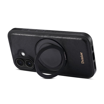 For iPhone 16 Plus Denior A17 Genuine Leather Gear Magnetic Holder Phone Case(Black)