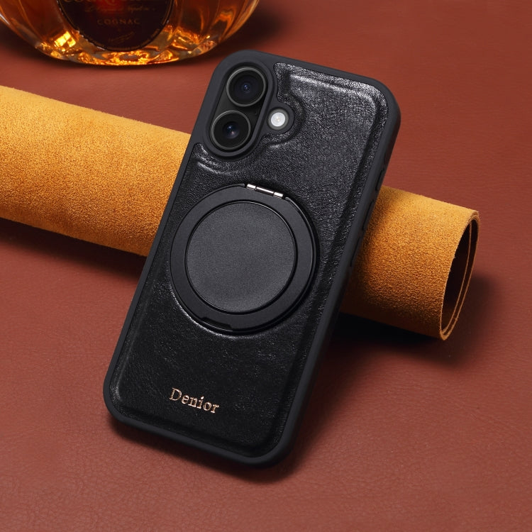 For iPhone 16 Denior A17 Genuine Leather Gear Magnetic Holder Phone Case(Black)