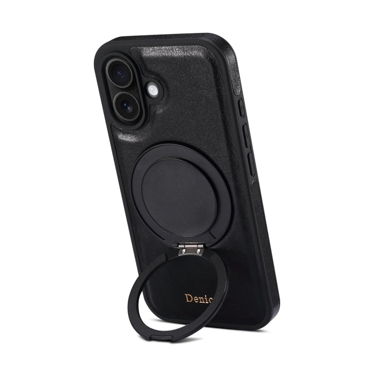 For iPhone 16 Denior A17 Genuine Leather Gear Magnetic Holder Phone Case(Black)