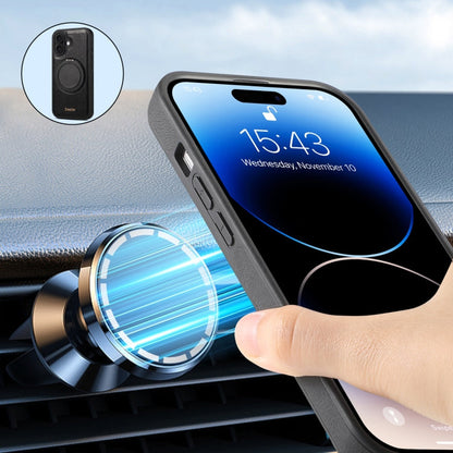 For iPhone 16 Denior A17 Genuine Leather Gear Magnetic Holder Phone Case(Black)