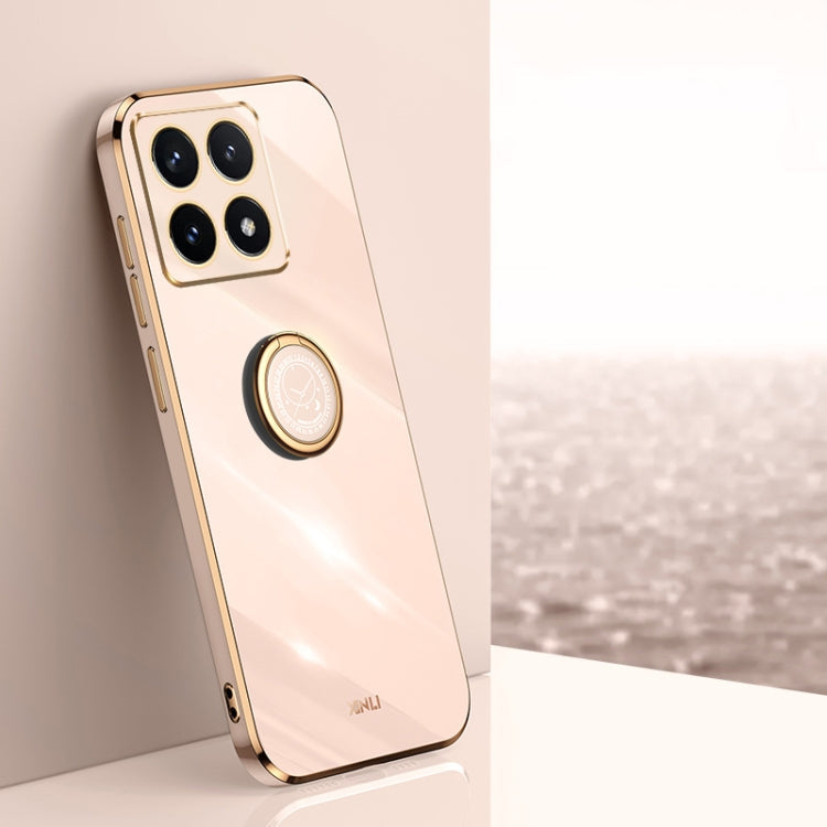 For Xiaomi 14T 5G Global XINLI Straight 6D Plating Gold Edge TPU Shockproof Case with Ring Holder(Pink)