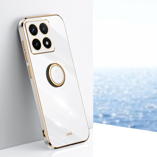 For Xiaomi 14T Pro 5G Global XINLI Straight 6D Plating Gold Edge TPU Shockproof Case with Ring Holder(White)