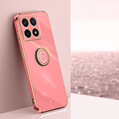 For Xiaomi 14T Pro 5G Global XINLI Straight 6D Plating Gold Edge TPU Shockproof Case with Ring Holder(Hawthorn Red)