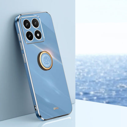 Pour Xiaomi 14T Pro 5G Global XINLI Coque Antichoc en TPU avec Anneau et Bords Dorés Galvinisés 6D (Bleu Céleste)