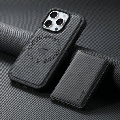For iPhone 16 Pro Max Denior Carbon Fiber Texture Leather Card Bag MagSafe Phone Case(Black)