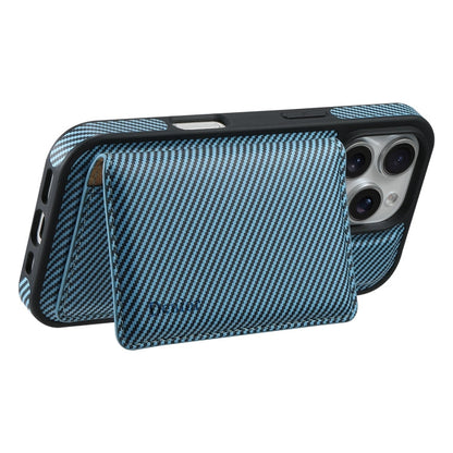 For iPhone 16 Pro Max Denior Carbon Fiber Texture Leather Card Bag MagSafe Phone Case(Blue)