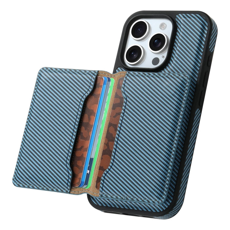 For iPhone 16 Pro Max Denior Carbon Fiber Texture Leather Card Bag MagSafe Phone Case(Blue)