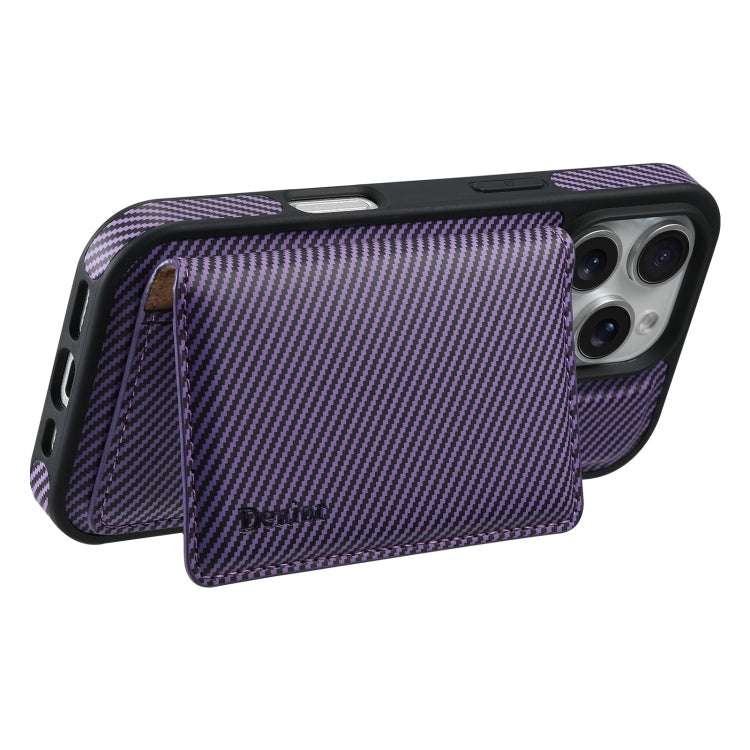 For iPhone 16 Pro Max Denior Carbon Fiber Texture Leather Card Bag MagSafe Phone Case(Purple)