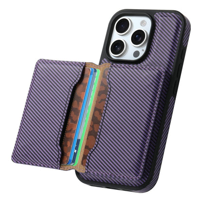 For iPhone 16 Pro Max Denior Carbon Fiber Texture Leather Card Bag MagSafe Phone Case(Purple)