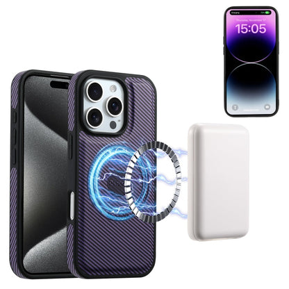 For iPhone 16 Pro Max Denior Carbon Fiber Texture Leather Card Bag MagSafe Phone Case(Purple)
