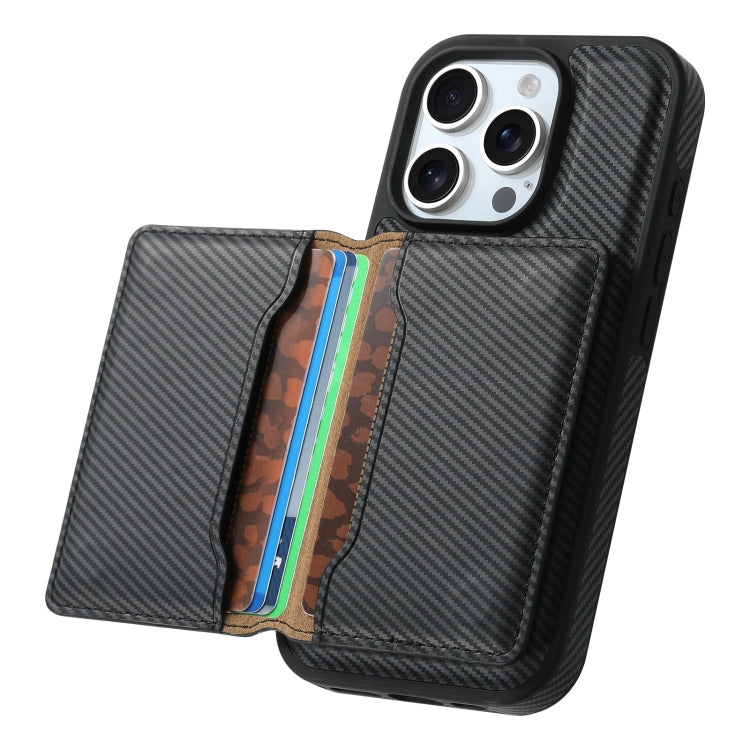 For iPhone 16 Pro Denior Carbon Fiber Texture Leather Card Bag MagSafe Phone Case(Black)