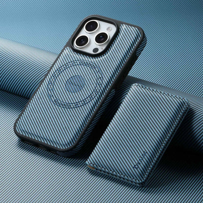 For iPhone 16 Pro Denior Carbon Fiber Texture Leather Card Bag MagSafe Phone Case(Blue)