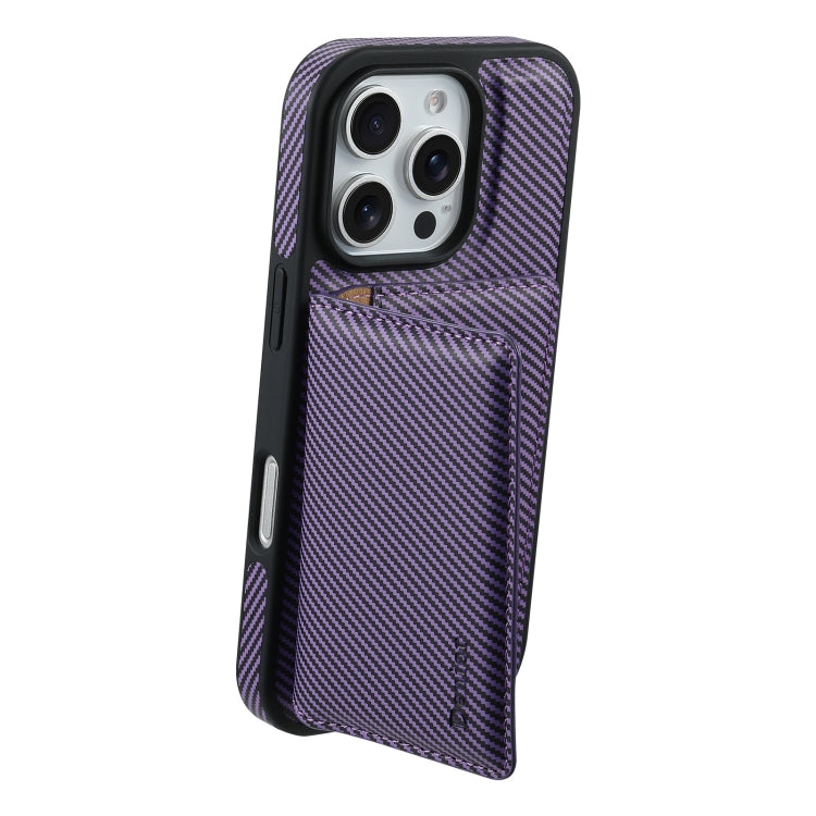 For iPhone 16 Pro Denior Carbon Fiber Texture Leather Card Bag MagSafe Phone Case(Purple)