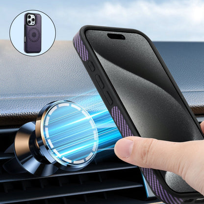 For iPhone 16 Pro Denior Carbon Fiber Texture Leather Card Bag MagSafe Phone Case(Purple)
