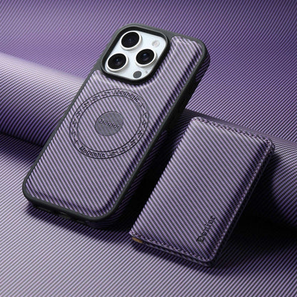 For iPhone 16 Pro Denior Carbon Fiber Texture Leather Card Bag MagSafe Phone Case(Purple)