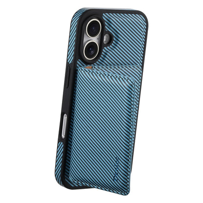 For iPhone 16 Plus Denior Carbon Fiber Texture Leather Card Bag MagSafe Phone Case(Blue)