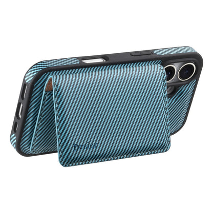 For iPhone 16 Plus Denior Carbon Fiber Texture Leather Card Bag MagSafe Phone Case(Blue)