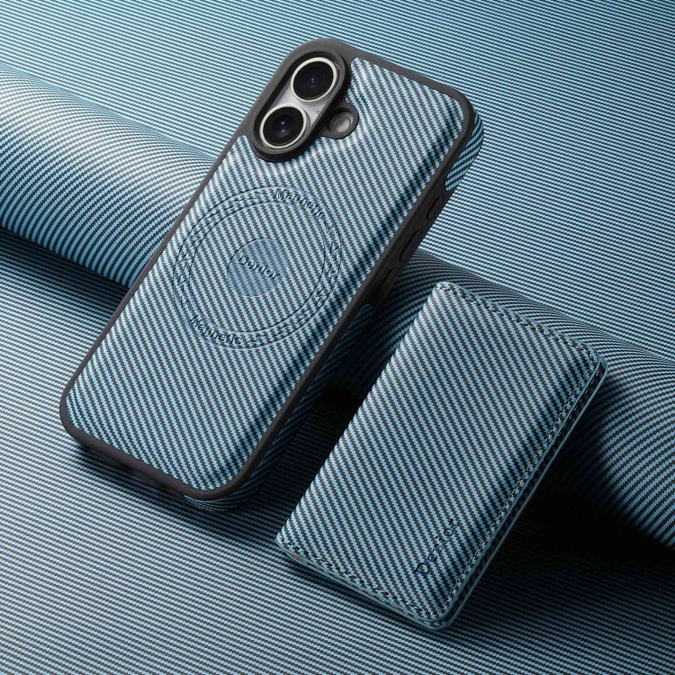 For iPhone 16 Plus Denior Carbon Fiber Texture Leather Card Bag MagSafe Phone Case(Blue)