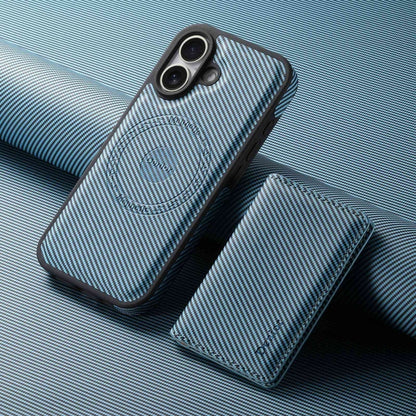 For iPhone 16 Plus Denior Carbon Fiber Texture Leather Card Bag MagSafe Phone Case(Blue)