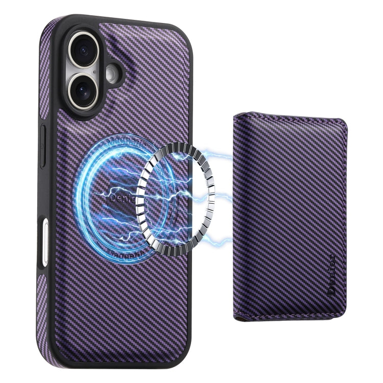 Pour iPhone 16 Plus Étui de Téléphone MagSafe en Cuir Texture Fibre de Carbone Denior avec Porte-Cartes (Violet)