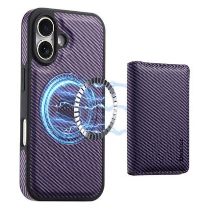 Pour iPhone 16 Plus Étui de Téléphone MagSafe en Cuir Texture Fibre de Carbone Denior avec Porte-Cartes (Violet)