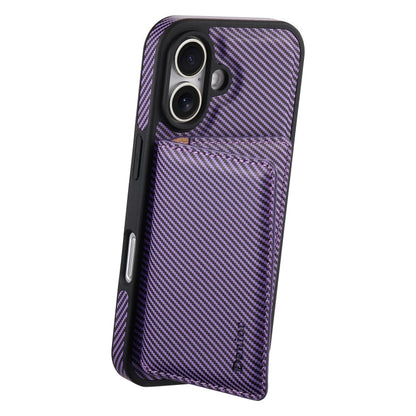 Pour iPhone 16 Plus Étui de Téléphone MagSafe en Cuir Texture Fibre de Carbone Denior avec Porte-Cartes (Violet)