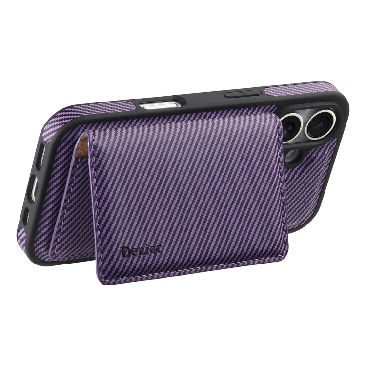 Pour iPhone 16 Plus Étui de Téléphone MagSafe en Cuir Texture Fibre de Carbone Denior avec Porte-Cartes (Violet)