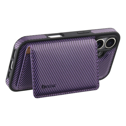 Pour iPhone 16 Plus Étui de Téléphone MagSafe en Cuir Texture Fibre de Carbone Denior avec Porte-Cartes (Violet)
