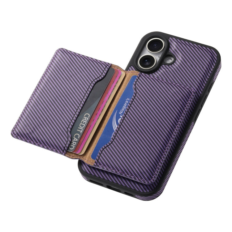 Pour iPhone 16 Plus Étui de Téléphone MagSafe en Cuir Texture Fibre de Carbone Denior avec Porte-Cartes (Violet)