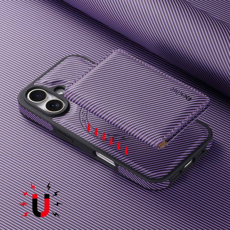 Pour iPhone 16 Plus Étui de Téléphone MagSafe en Cuir Texture Fibre de Carbone Denior avec Porte-Cartes (Violet)