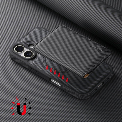 Pour iPhone 16 Denior Étui de téléphone MagSafe en cuir texturé fibre de carbone avec fente pour cartes (Noir)