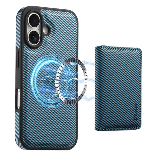 Pour iPhone 16 Denior Étui de téléphone MagSafe en cuir avec texture fibre de carbone et porte-cartes (Bleu)